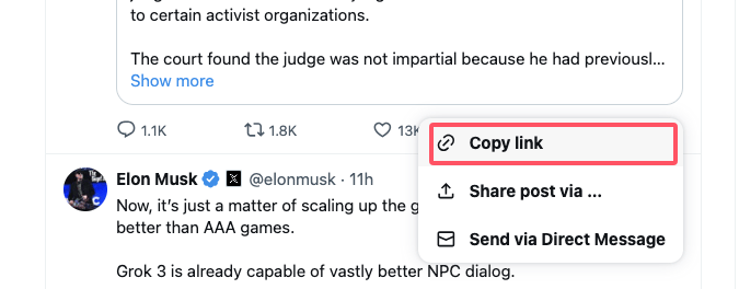 Copy a Twitter video post URL from the Share menu